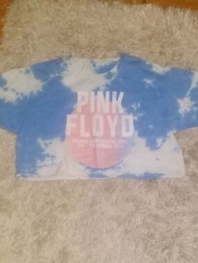 Pink Floyd Blue and White Tie-Dye Crop Top with Pink Graphic